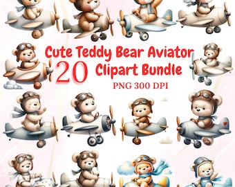 Akvarell flygare nallebjörn Clipart: Flygande flygplan PNG-bilder (digital nedladdning)
