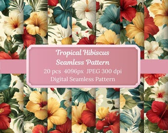 Tropical Hibiscus Seamless Pattern – Red, Yellow & White Floral | 20 Digital Papers | Instant Download