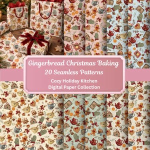 May include: A collection of 20 seamless digital patterns featuring gingerbread men, holiday baking tools, red teapots, and oven mitts on various backgrounds. The text reads Gingerbread Christmas Baking 20 Seamless Patterns Cozy Holiday Kitchen.