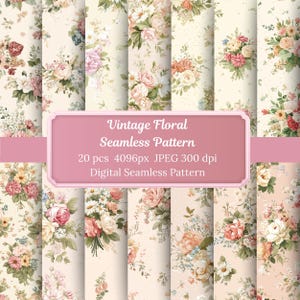 Pode incluir: Uma coleção de padrões florais vintage sem costura. Os padrões apresentam buquês de rosas, margaridas e outras flores em tons de rosa, pêssego e creme, em um fundo bege. A imagem inclui o texto "Vintage Floral Seamless Pattern".