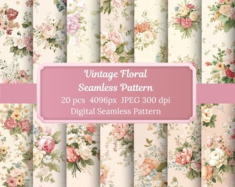 Vintage Floral Seamless Pattern – Shabby Chic Roses & Peony Digital Paper Bundle