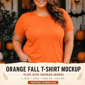 May include: A solid orange short-sleeved t-shirt with a crew neckline. The shirt is displayed on a model, showcasing a plain, vibrant orange fabric. The text at the bottom of the image reads ORANGE FALL T-SHIRT MOCKUP PLUS SIZE WOMAN MODEL.