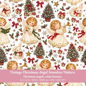 Puede incluir: Un patrón continuo con ángeles navideños de estilo vintage, conejos blancos, árboles de Navidad decorados, lazos rojos, cajas de regalo y estrellas doradas sobre fondo blanco. El texto dice Vintage Christmas Angel Seamless Pattern.