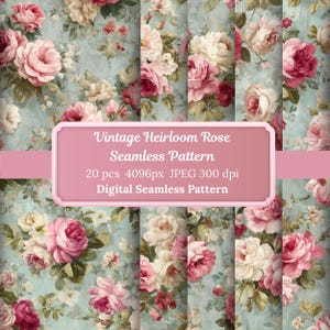 Peut inclure: Motif numérique sans couture avec un design floral vintage. Des roses roses et blanches se détachent sur un fond bleu clair. L'image comprend le texte "Vintage Heirloom Rose Seamless Pattern" et d'autres détails.
