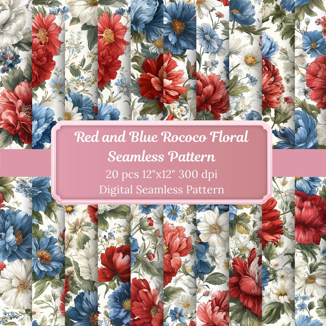 Red and Blue Rococo Floral Seamless Pattern: Vintage Digital Paper (300 ...