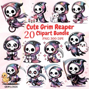 May include: A bundle of 20 cartoon Grim Reaper clipart images. Each reaper has a skull face and wears a galaxy-patterned cloak. Some are shown with a scythe, a duck, or a cat. The text "Cute Grim Reaper 20 Clipart Bundle" is displayed in red.