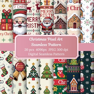 May include: A collection of Christmas-themed digital seamless patterns. The patterns feature pixel art designs of Santa Claus, Christmas trees, gingerbread houses, and snowflakes. The image includes the text "Christmas Pixel Art Seamless Pattern".