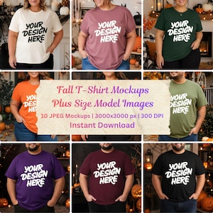 May include: A collection of ten short-sleeved t-shirts in various colors including cream, mauve, dark green, orange, olive, purple, maroon, and black. Each shirt features the white text "YOUR DESIGN HERE" printed on the front chest area.
