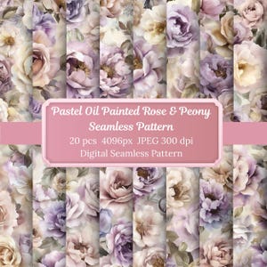 Peut inclure: Un motif numérique sans couture avec des roses et des pivoines pastel dans des tons de rose, de violet et de crème. L'image comprend le texte "Pastel Oil Painted Rose & Peony Seamless Pattern". Le motif floral est adapté à diverses applications.
