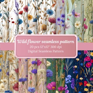 Peut inclure: Plusieurs motifs numériques sans couture avec des fleurs sauvages à l'aquarelle de différentes couleurs. Les motifs présentent des images de fleurs rouges, bleues, jaunes et blanches. Le texte sur l'image indique "Wild flower seamless pattern" et "20 pcs 30.5cm x 30.5cm 300 dpi Digital Seamless Pattern."