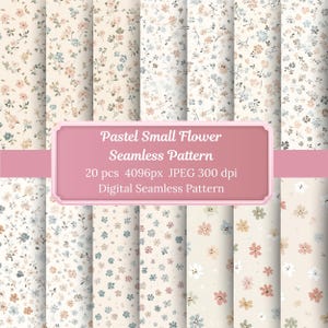 Puede incluir: Veinte patrones digitales sin costuras con pequeñas flores pastel. Los diseños presentan colores suaves como melocotón, azul y crema. El texto "Pastel Small Flower Seamless Pattern" se muestra en una pancarta rosa.