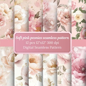 Puede incluir: Doce patrones digitales sin costuras con peonías rosas suaves con acentos dorados sobre un fondo rosa claro. Los patrones miden 30,5 cm por 30,5 cm y 300 dpi.
