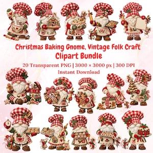 Op de afbeelding: Een digitale collectie van kerstbak-kabouterillustraties met rood-wit geblokte mutsen en schorten, met bakgerei, peperkoekjes en kleine muisjes. Tekst: Christmas Baking Gnome, Vintage Folk Craft Clipart Bundle, 20 Transparent PNG, 3000 x 3000 px, 300 DPI, Instant Download.