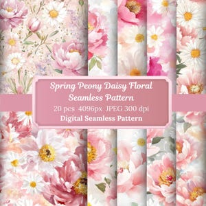 Könnte beinhalten: Eine Sammlung digitaler, nahtloser Muster mit Aquarellillustrationen von Pfingstrosen und Gänseblümchen in Rosa-, Weiß- und Gelbtönen. Die Muster werden in vertikalen Bahnen dargestellt. Text auf einem rosa Banner lautet "Spring Peony Daisy Floral Seamless Pattern".