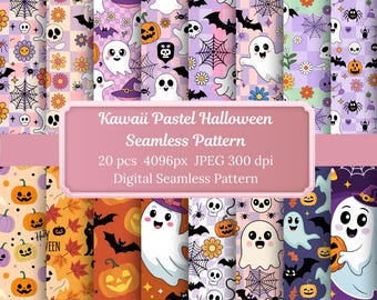 Kawaii Pastel Halloween Seamless Patterns: Ghost, Pumpkin, Bat (Digital Download)
