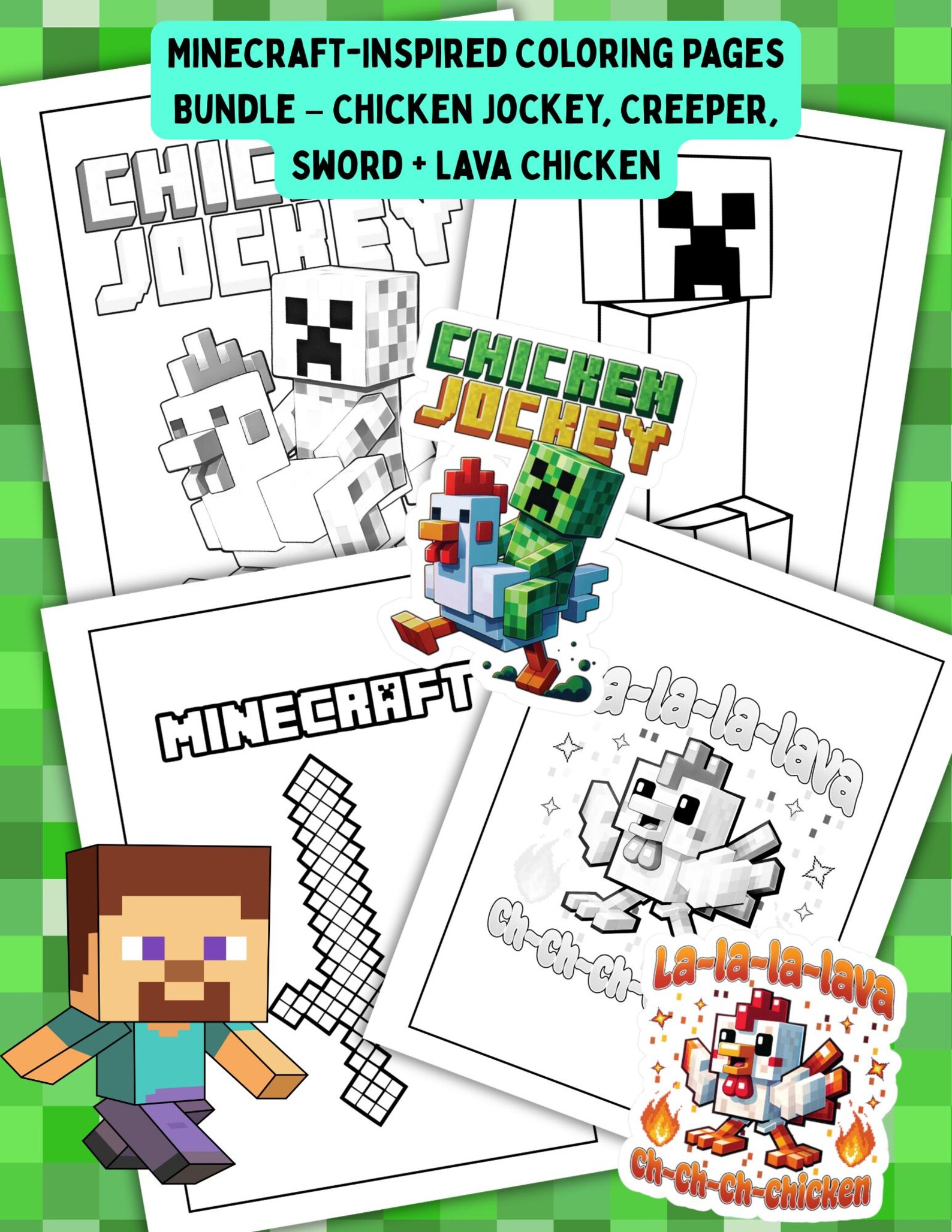 30 Pages Chicken Jockey Coloring Pages Bundle – Minecraft-inspired ...