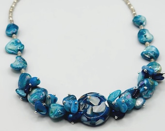 Blue Painted Shell Necklace, Silver Tone Clasp