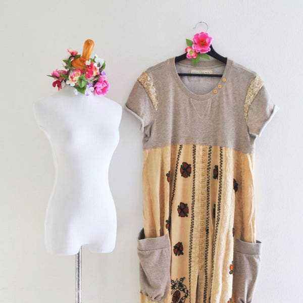 Rustic Upcycled Dress Refashioned altered artsy eco clothing Boho chic Wearable art Handmade Recycled country Eco clothes Mori forest girl M