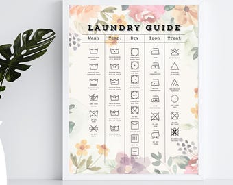 May include: A white framed laundry guide poster with a floral design. The poster includes a chart with laundry symbols for washing, drying, ironing, and treating clothes.