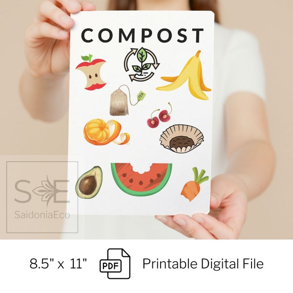 DRUCKBAR | Kompost Etikett, Recycle Download Datei Print Schild 8,5 "x 11" Simple Home School Küche Kompost Schild Was soll ich Müll recyceln