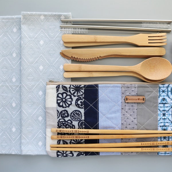 Zero Waste Kit for 2 Travel Bamboo Utensils Large travel Kit Spoons Forks Straws Napkins Chopsticks for Family Quilted BLUE