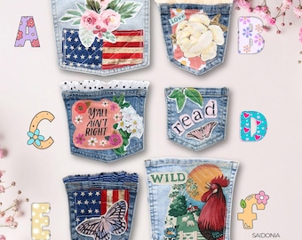 May include: Six decorative denim pockets labeled A through F. Pocket A features flowers and an American flag. Pocket B has a white flower. Pocket C says Y'ALL AIN'T RIGHT with flowers. Pocket D says read with a moth. Pocket E has a butterfly and flag. Pocket F shows a rooster and the word WILD.