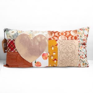 Patchwork Heart Lumbar Pillow • Upcycled Fabric Chair Cushion Valentines Day Gift