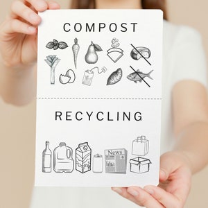 PRINTABLE | Compost Label, Recycle Download File Print Sign 4" x 6" Black and White Simple Home Kitchen Compost Sign What to Recycle trash