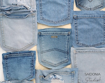 May include: A collection of various blue denim pockets arranged in a collage. The pockets feature different washes, stitching patterns, and textures, including frayed edges and a small metal tag. The text SAIDONIA Studio is printed in the bottom right.