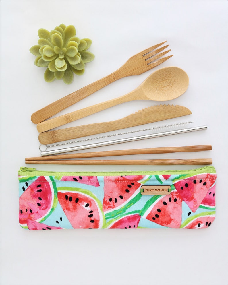 Travel Utensils kit Reusable Bamboo Plastic free Eco Friendly Gifts Watermelon Birthday Gift For Her Zero Waste Cutlery Camping gear