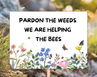 PRINTABLE • Help the Bees Printable Sign, No mow May Lawn Yard Signage print at home,  Pollinator garden, Organic Bee Farm Front Yard Poster