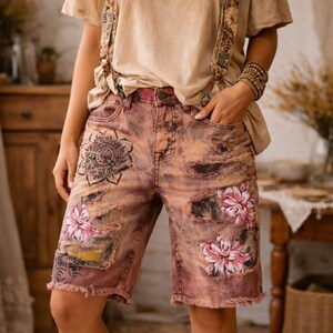 Upcycled Distressed Floral Patchwork Denim Bottoms, Hand Dyed Dark Cottagecore Heavy Jean Pants Boyfriend Fit High Rise