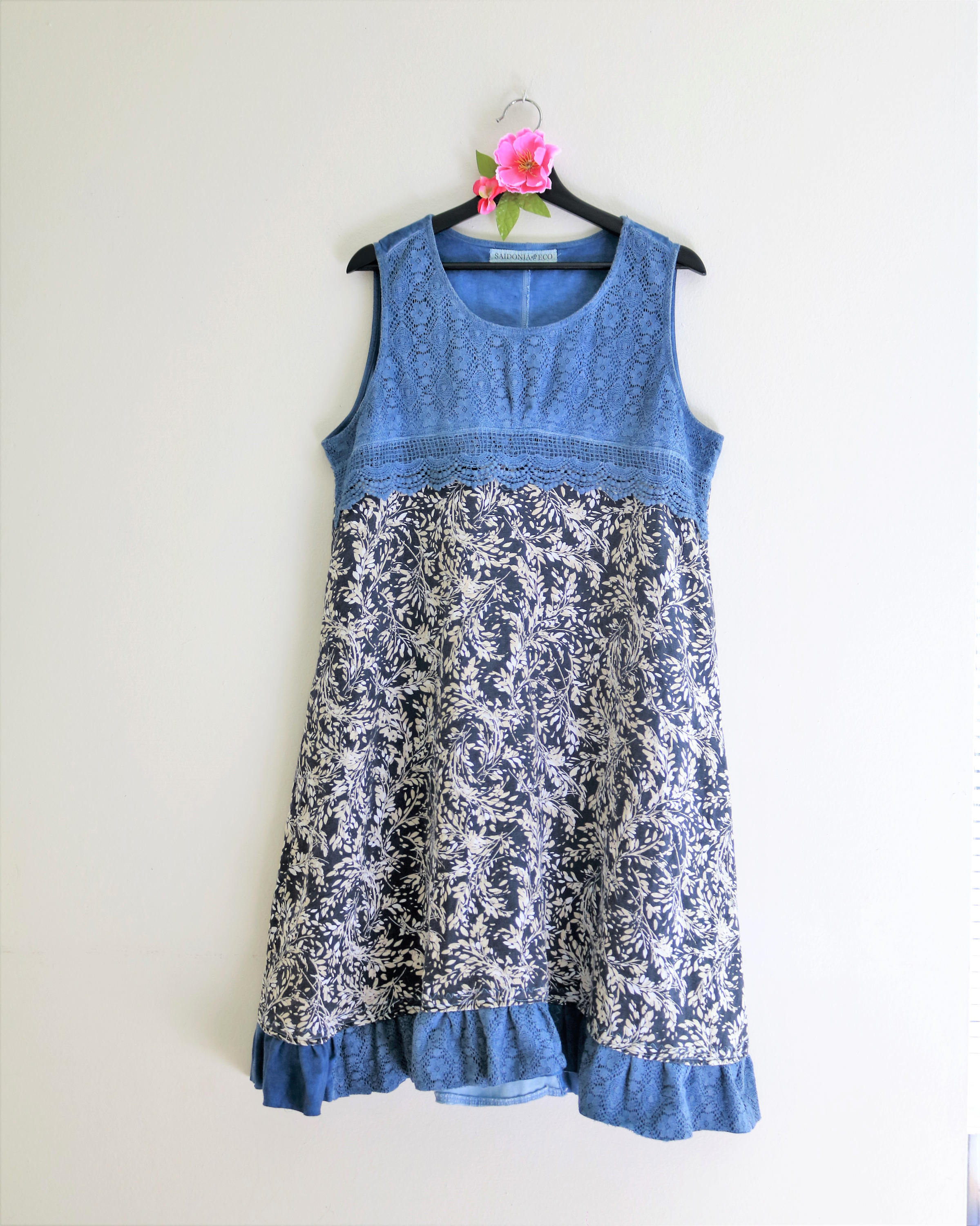 Blue linen cotton dress Boho chic clothing lace eco Casual Etsy