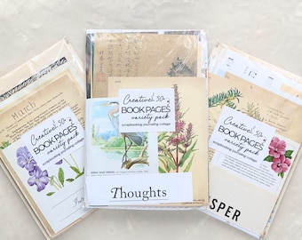 May include: Variety pack of 50 book pages for scrapbooking, journaling, and collage. The pages feature botanical illustrations, vintage text, and the word "Thoughts". The pack includes pages with the word "March" and "Intr".