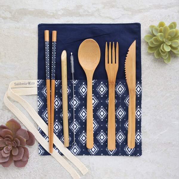 Utensils Wrap with Bamboo Cutlery - Portable flatware set - Blue