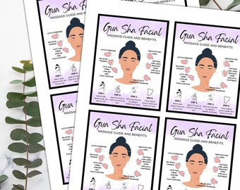 May include: A printable guide for a Gua Sha facial massage. The guide includes a diagram of the face with arrows showing the direction of the massage strokes. The guide also lists the benefits of Gua Sha facial massage, such as lifting eyebrows, relieving tension, and smoothing fine lines.
