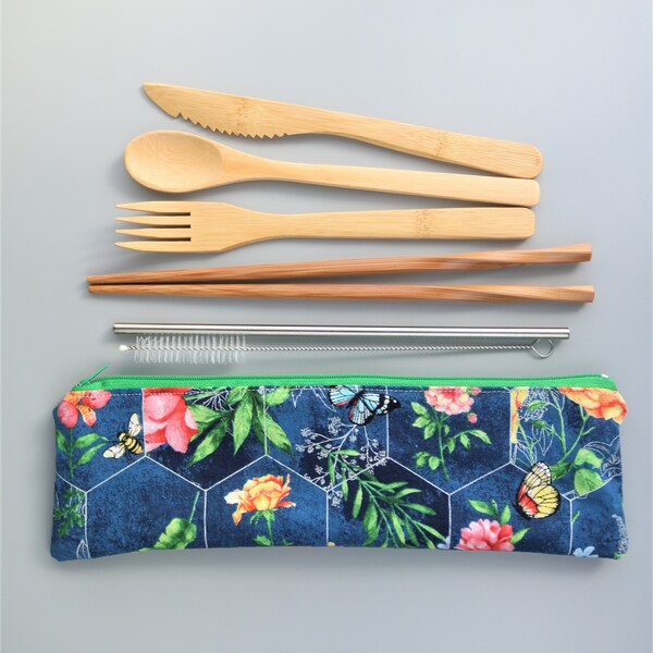 Zero Waste Travel Utensils - Hexagon Floral,  TSA Approved