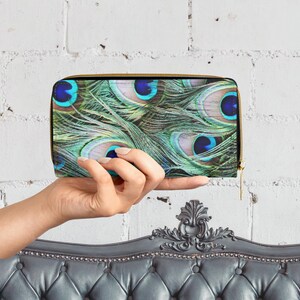 Cartera de pavo real, elegante cartera para mujer, regalo para ella, accesorios bohemios, regalo de cumpleaños, monedero de viaje, cartera grande con cremallera.