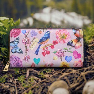 Monedero con cremallera con diseño de pájaros y flores estilo bohemio, bonito y extravagante monedero con diseño floral, regalo botánico para ella, accesorio floral, monedero bohemio para mujer