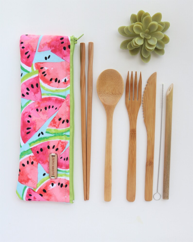 Travel Utensils kit Reusable Bamboo Plastic free Eco Friendly Gifts Watermelon Birthday Gift For Her Zero Waste Cutlery Camping gear