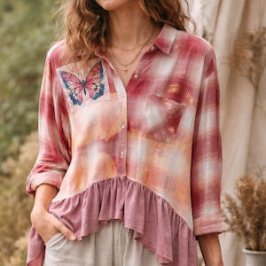 Upcycled Patchwork Plaid Ruffled Shirt, Unicorn Tarot Butterfly Patches Size XL
