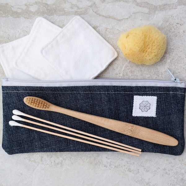 Zero waste, face care starter set Reusable cotton squares, bamboo toothbrush, sea sponge, cotton bag, Natural eco friendly travel toiletries