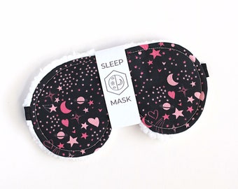 Sleep Eye Mask | Gift basket Filler, Cozy gift Idea, Soft Sleep Mask, Hearts and Moons Cotton Print