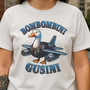 Bombombini Gusini Funny Duck Jet Fighter Shirt, Italian Meme Tee, Goose with Missiles T-Shirt, Brainrot Surreal Humor Tee
