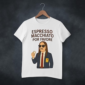 Camiseta de dibujos animados "Espresso Macchiato Please", divertida camiseta con meme de café, camiseta con parodia europea, camiseta para amantes del espresso batido, regalo divertido de cafetería