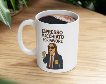 Espresso Macchiato-mugg, italiensk meme-kaffekopp, rolig Por Favore-mugg, kostymkille-tecknad film, viral espresso-humorgåva, trendig kaffeälskaremugg