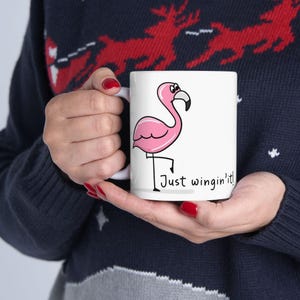 Funny Flamingo Mug "Just Wingin' It", Cartoon Pink Bird Coffee Cup, Hilarious Gift for Friends or Coworkers, Cute Animal Joke Design
