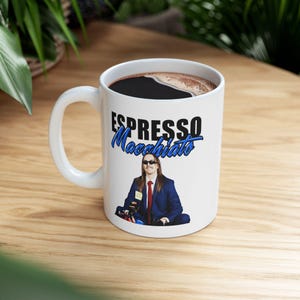 Espresso Macchiato Mug, Meme Coffee Cup, Funny Suit Character Design, Hipster Humor Mug, Viral TikTok Coffee Trend, Blue Font Style
