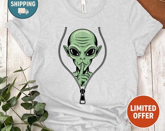 Alien Zipper Shirt Funny Sci-Fi Tee, Shhh Alien Secret Design, Conspiracy Shirt, UFO Lover Gift, Graphic Alien Disclosure Shirt