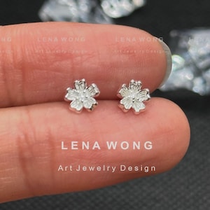 Sterling Silver Mini Sakura Cherry Blossom Flower Stud Earrings, Silver Little Flower Earrings